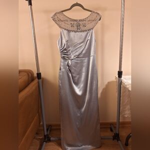 Light blue metallic gown with ruching